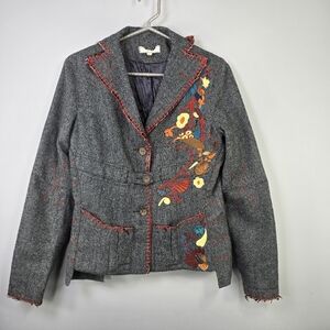 Hendi Y2K Gray Floral Embroidery Blazer Jacket Wool Women’s Sz Small Medium